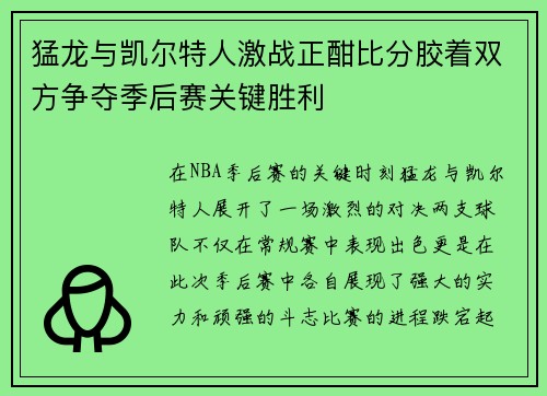 猛龙与凯尔特人激战正酣比分胶着双方争夺季后赛关键胜利
